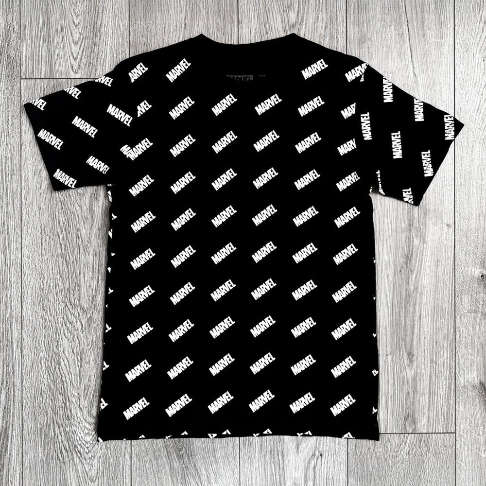 MARVEL Comics Logo All Over Print T-Shirt Size L Black Limited Edition Japan Y2k